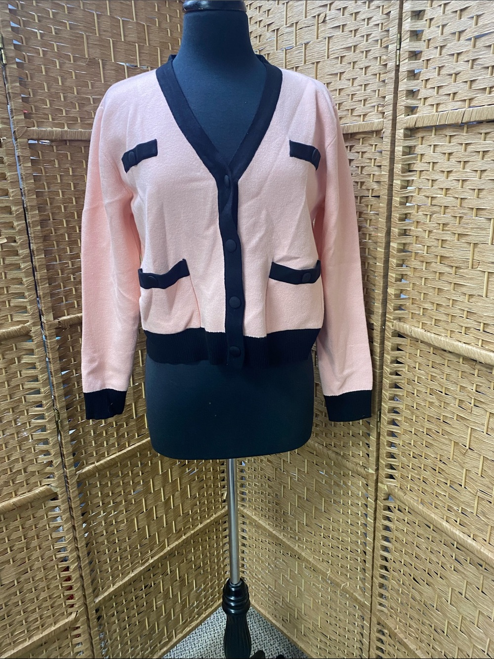 Women’s Pink and Black V-Neck Cardigan Sweater